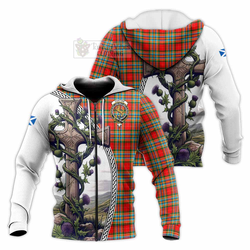 Tartan Vibes Clothing Chattan Tartan Knitted Hoodie with Family Crest and St. Andrew's Cross Accented by Thistle Vines