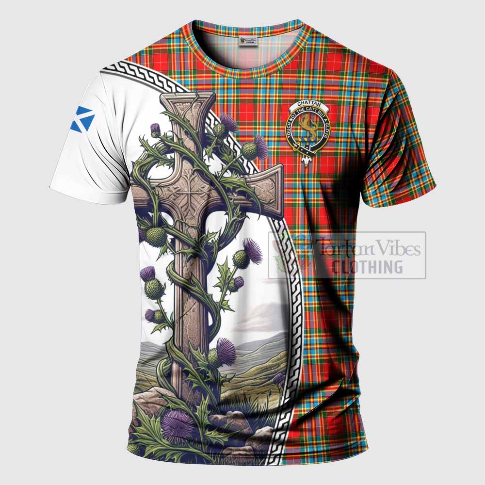 Tartan Vibes Clothing Chattan Agnew Tartan T-Shirt with Family Crest and St. Andrew's Cross Accented by Thistle Vines