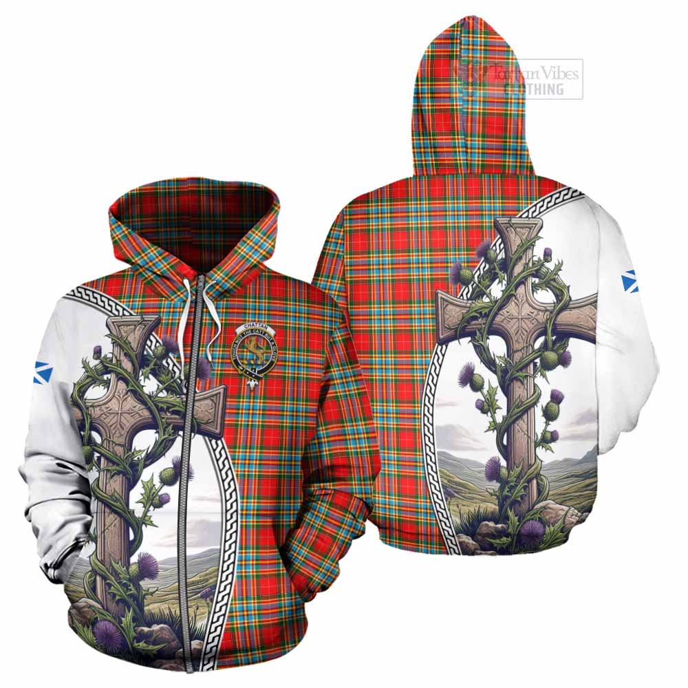 Tartan Vibes Clothing Chattan Tartan Hoodie with Family Crest and St. Andrew's Cross Accented by Thistle Vines