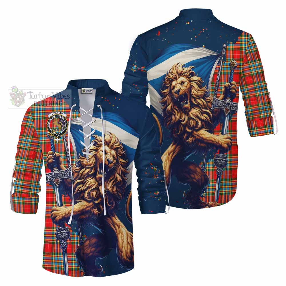 Tartan Vibes Clothing Chattan Tartan Family Crest Ghillie Kilt Shirt with Scottish Majestic Lion