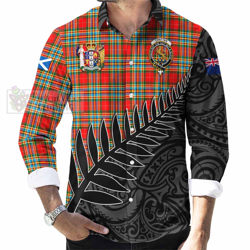 Tartan Vibes Clothing Chattan Crest Tartan Long Sleeve Button Shirt with New Zealand Silver Fern Half Style