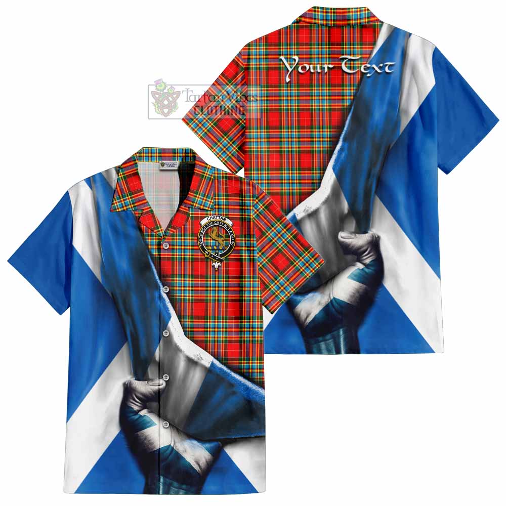 Tartan Vibes Clothing Chattan Tartan Short Sleeve Button Shirt with Family Crest Scotland Patriotic Style