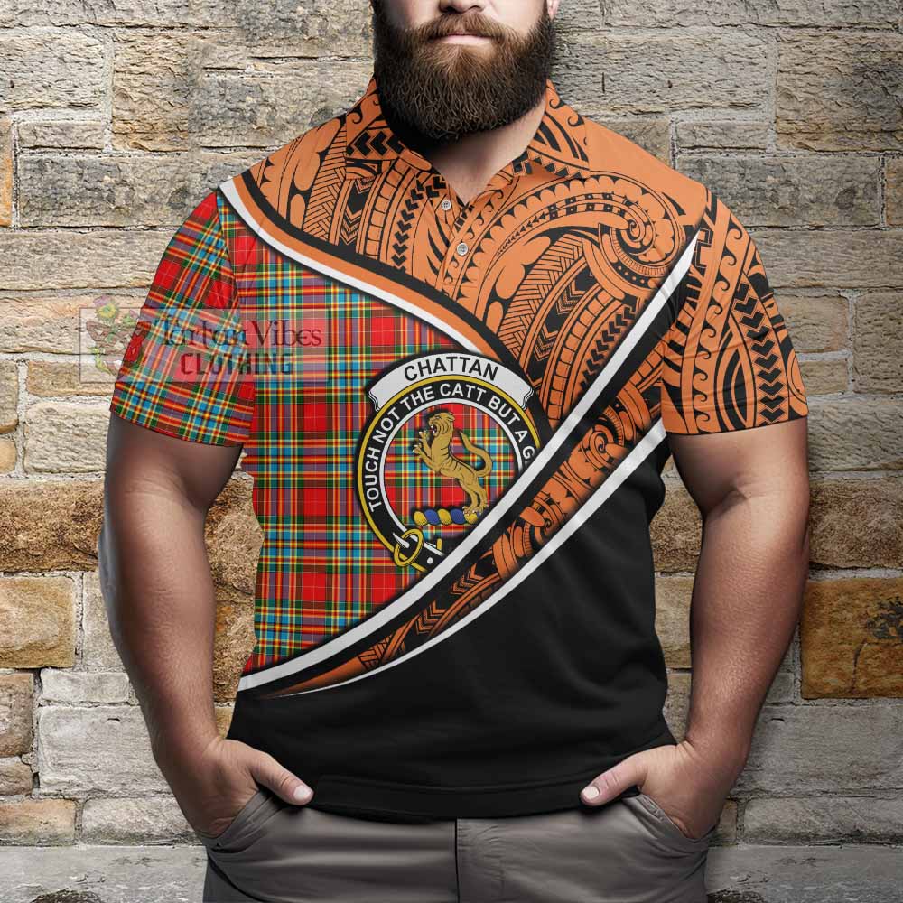 Tartan Vibes Clothing Chattan Crest Tartan Polo Shirt with Maori Tattoo Style - Orange Version