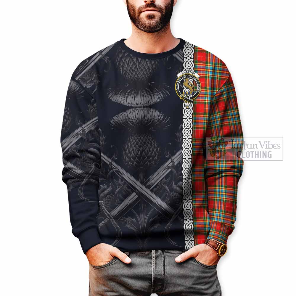 Tartan Vibes Clothing Chattan Tartan Sweatshirt with Family Crest Cross Sword Thistle Celtic Vibes