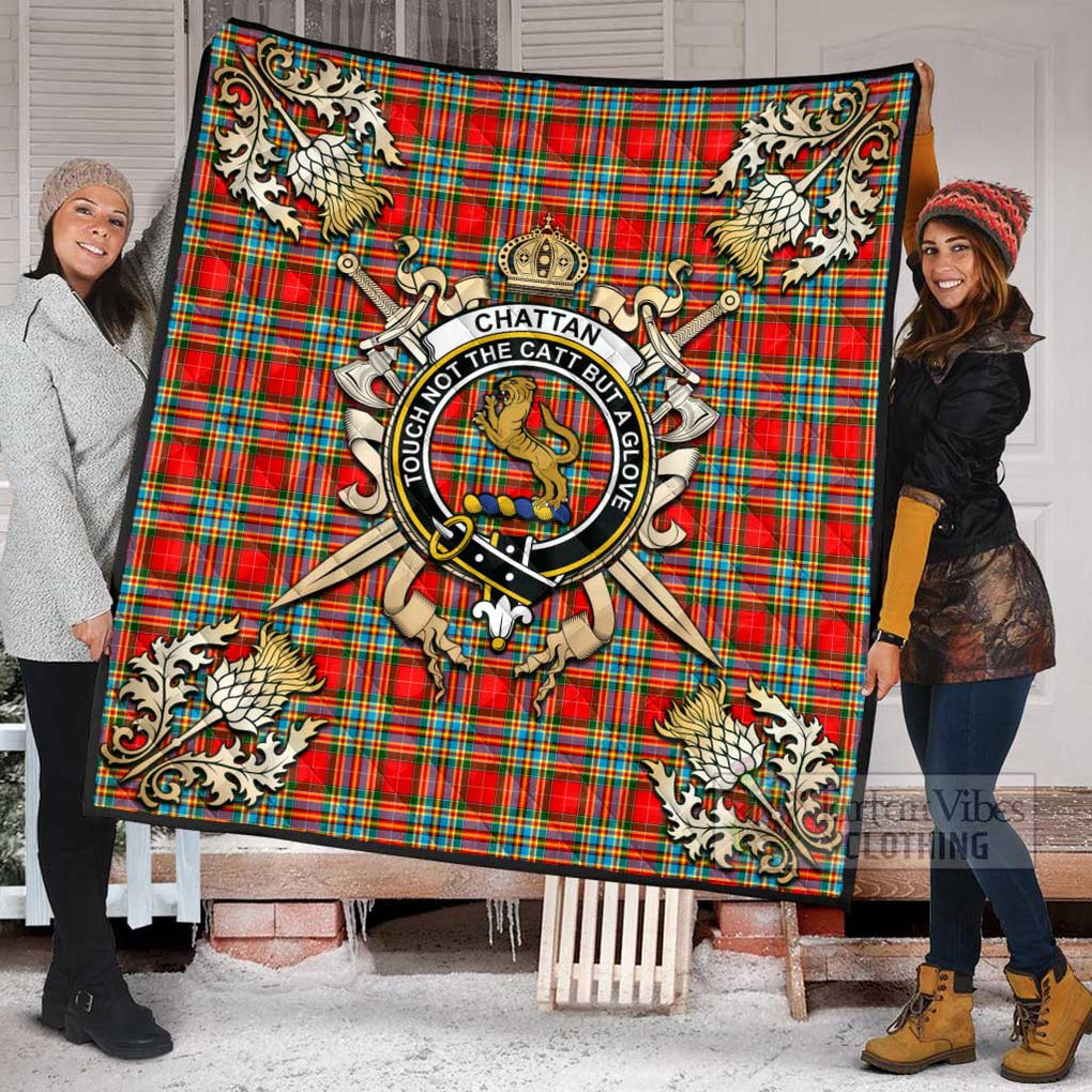 Tartan Vibes Clothing Chattan Tartan Quilt with Family Crest and Scottish Golden Courage Shield