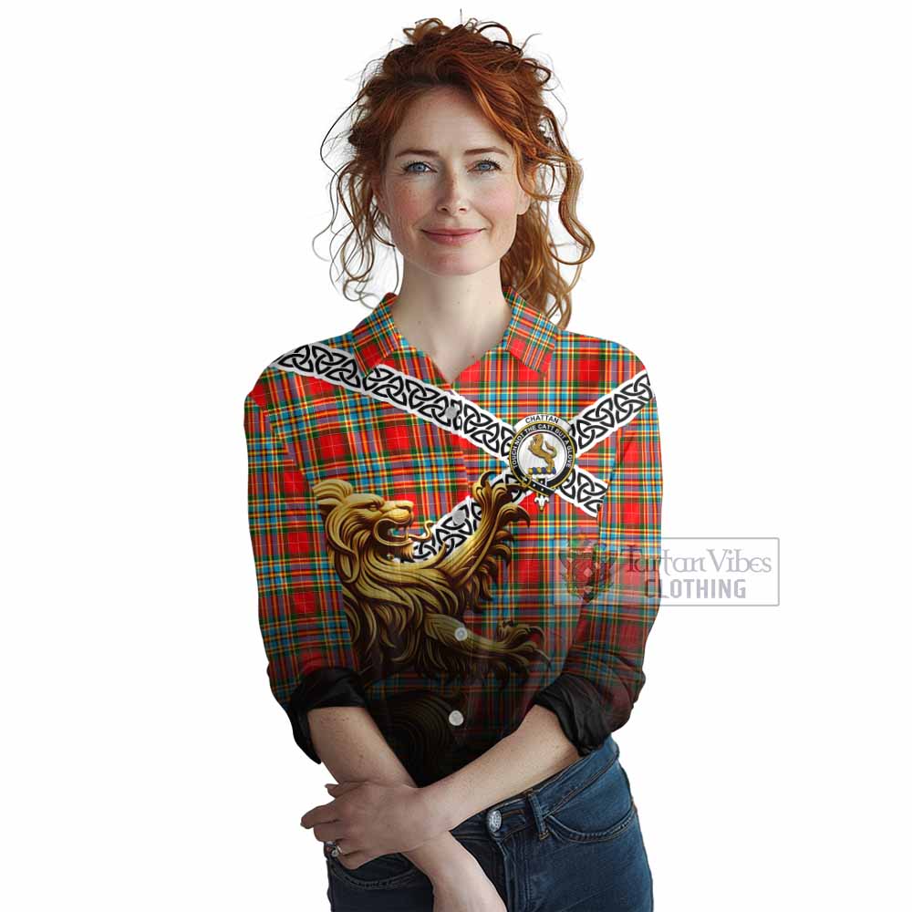 Chattan Crest Tartan Women's Casual Shirt with Golden Lion Emblem Celtic Style - Tartan Vibes Clothing