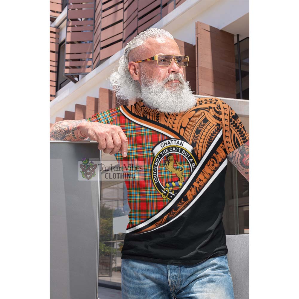 Tartan Vibes Clothing Chattan Crest Tartan Cotton T-shirt with Maori Tattoo Style - Orange Version