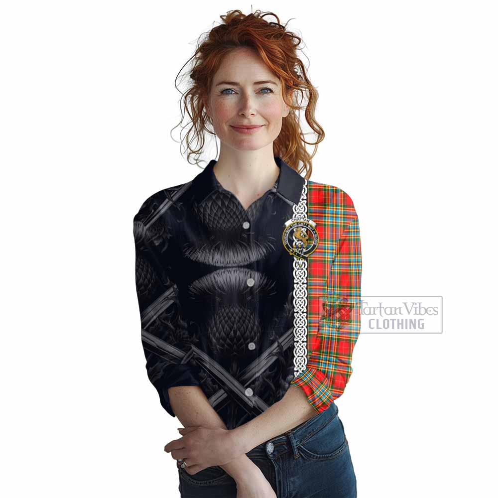 Tartan Vibes Clothing Chattan Tartan Women's Casual Shirt with Family Crest Cross Sword Thistle Celtic Vibes