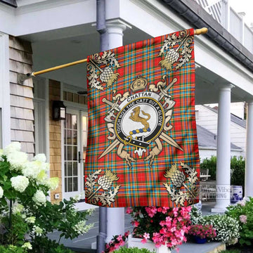 Chattan Tartan Garden Flag with Family Crest and Golden Thistle Crossed Sword Design - Tartan Vibes Clothing