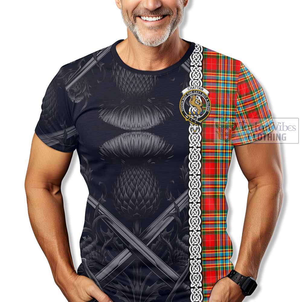 Tartan Vibes Clothing Chattan Tartan T-Shirt with Family Crest Cross Sword Thistle Celtic Vibes