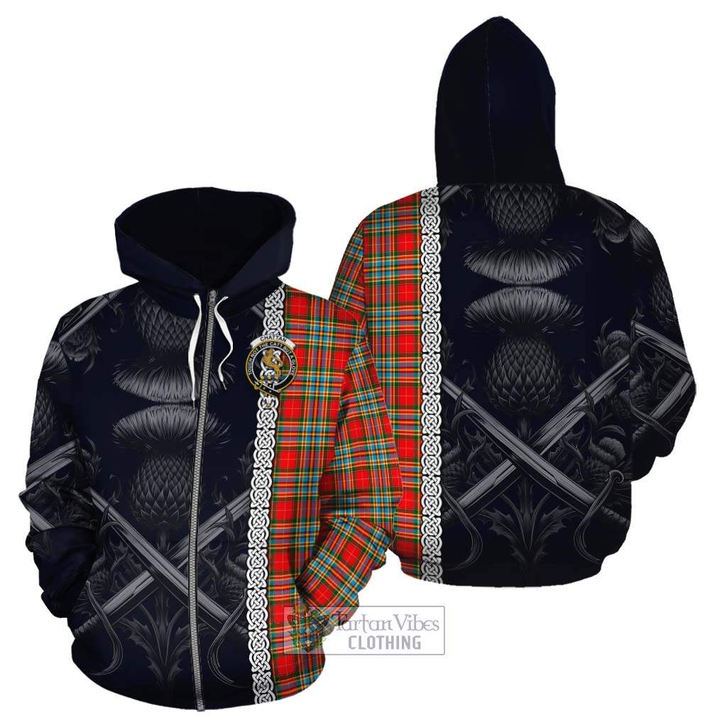 Tartan Vibes Clothing Chattan Tartan Cotton Hoodie with Family Crest Cross Sword Thistle Celtic Vibes