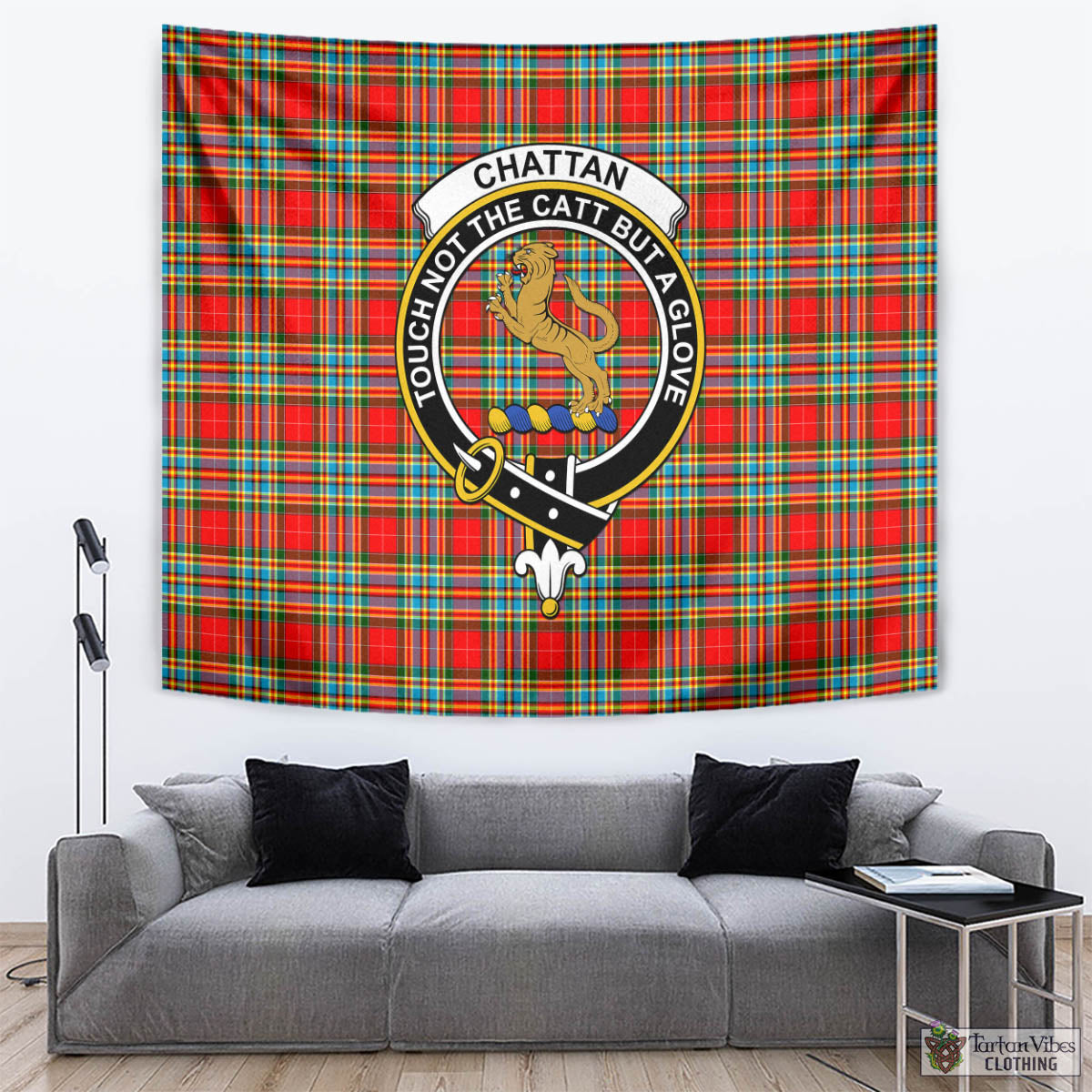 Tartan Vibes Clothing Chattan Tartan Tapestry Wall Hanging and Home Decor for Room with Family Crest
