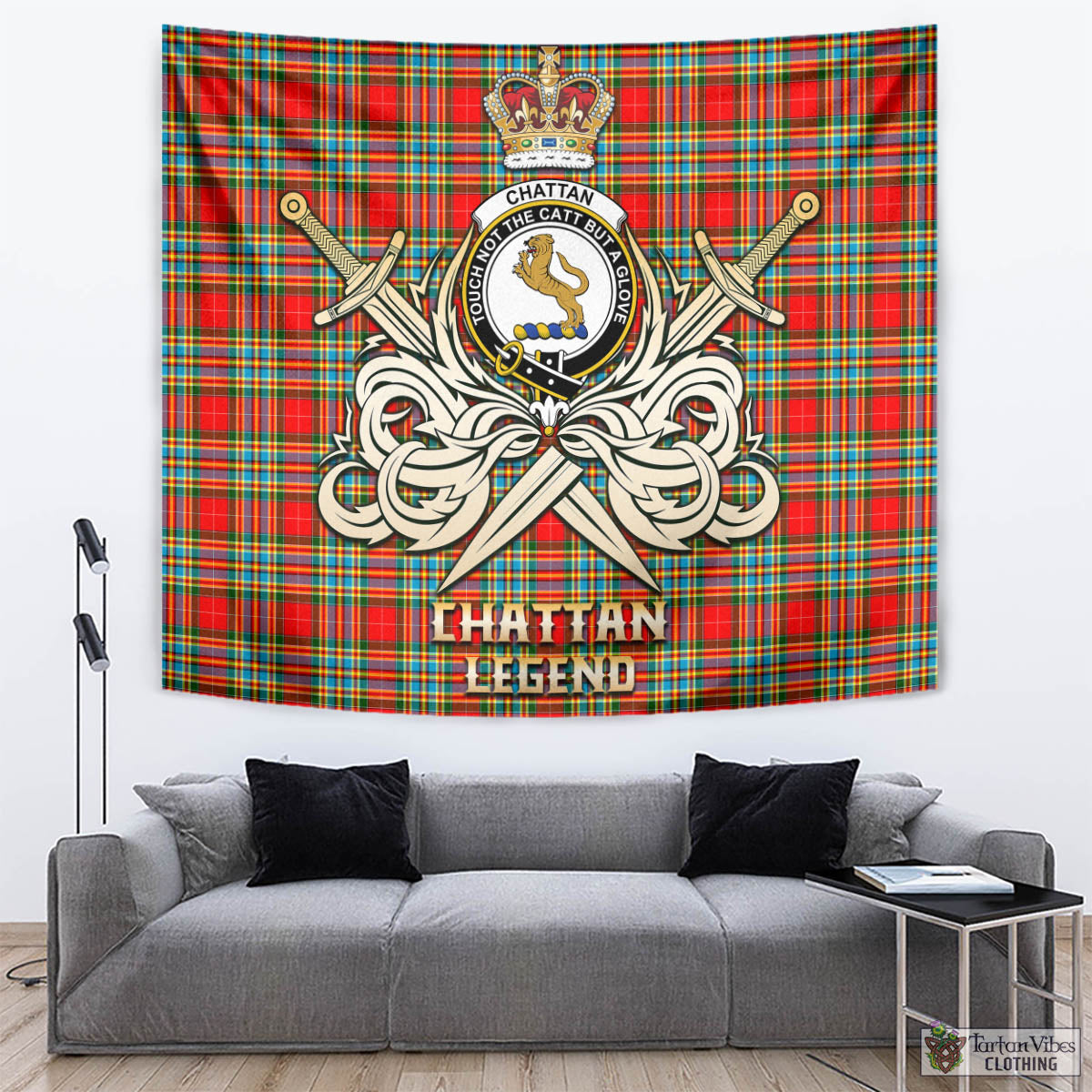 Tartan Vibes Clothing Chattan Tartan Tapestry with Clan Crest and the Golden Sword of Courageous Legacy