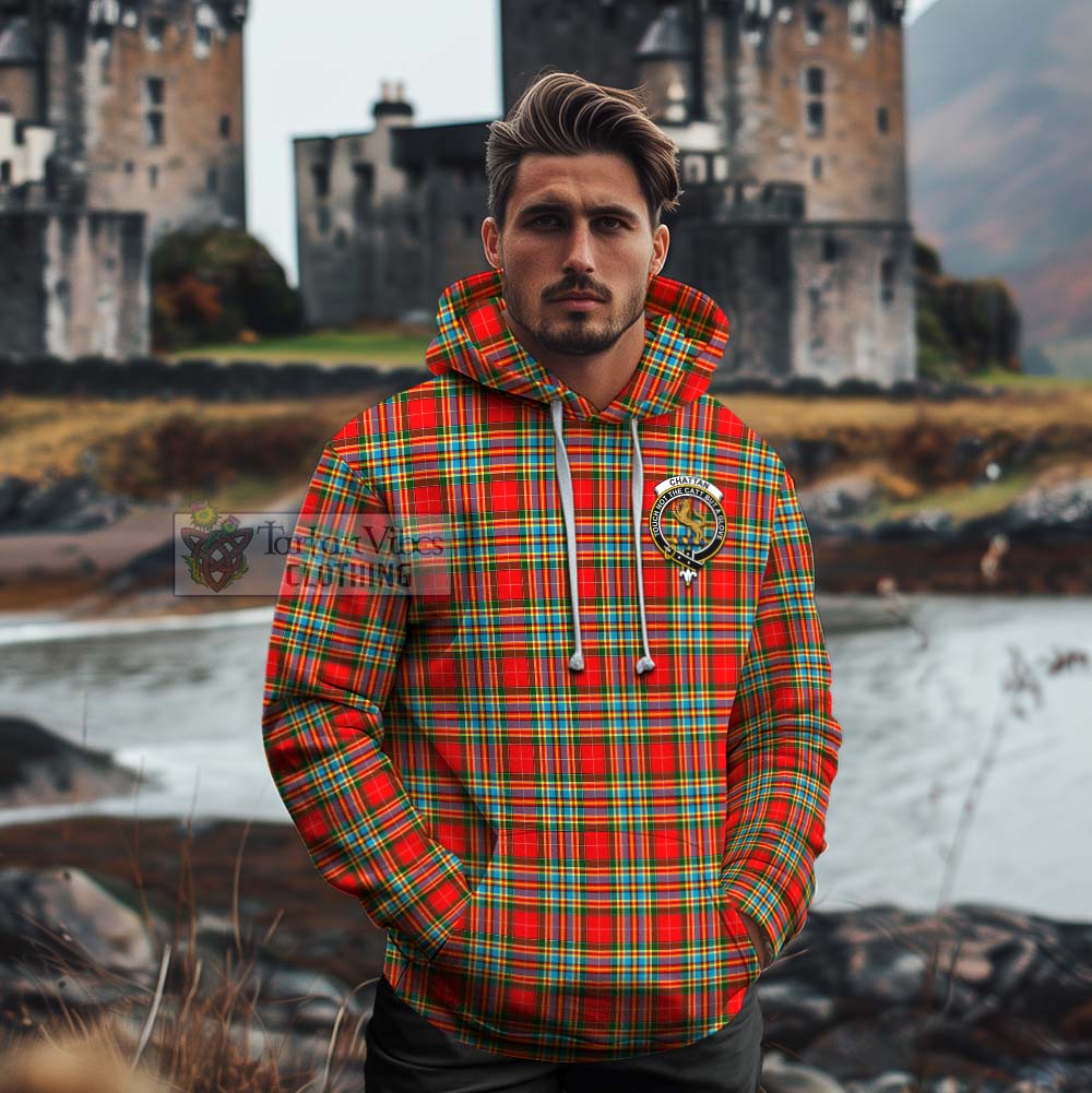 Tartan Vibes Clothing Chattan Tartan Cotton Hoodie with Family Crest and Bearded Skull Holding Bottles of Whiskey