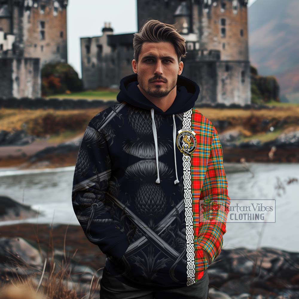 Tartan Vibes Clothing Chattan Tartan Cotton Hoodie with Family Crest Cross Sword Thistle Celtic Vibes