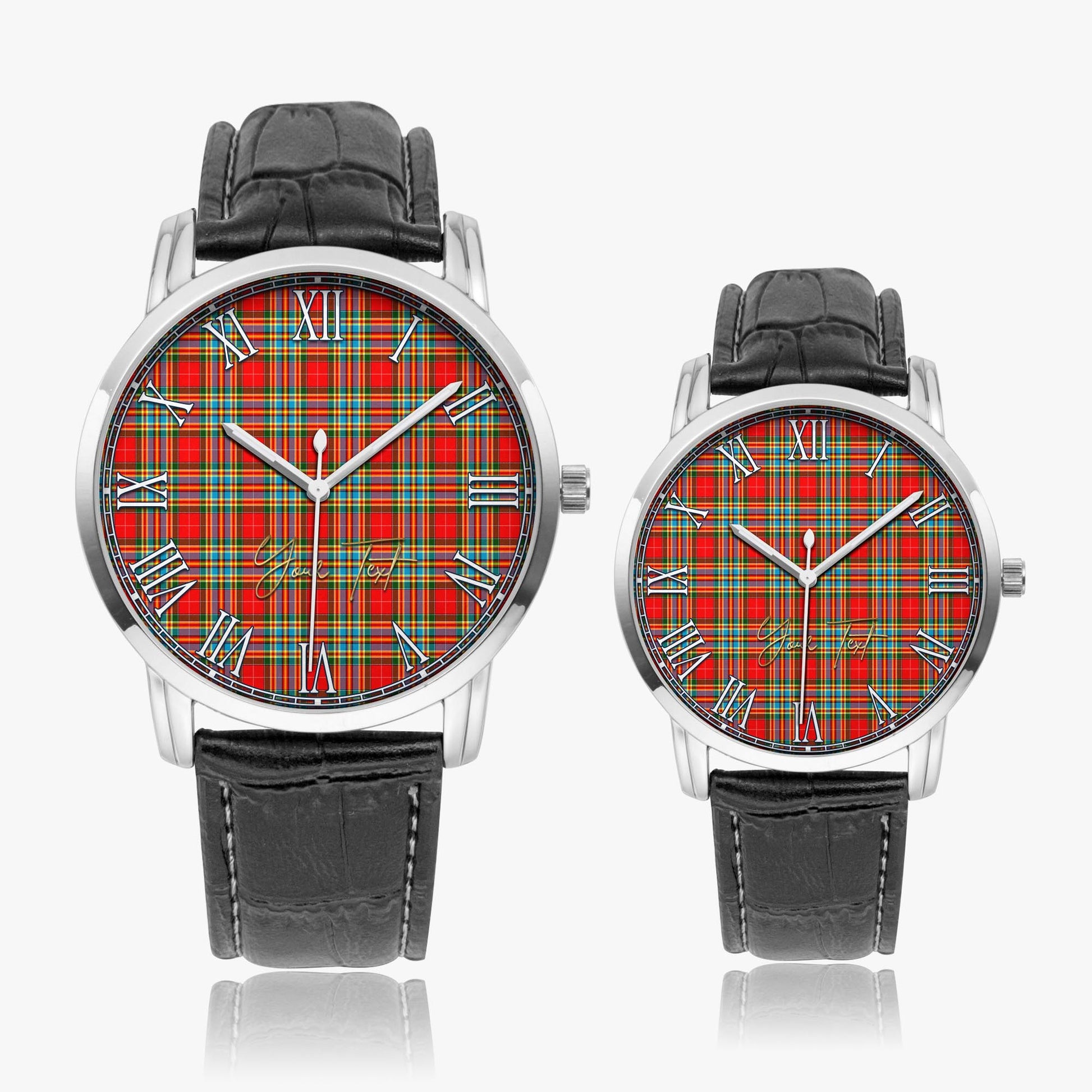 Chattan Tartan Personalized Your Text Leather Trap Quartz Watch Wide Type Silver Case With Black Leather Strap - Tartanvibesclothing