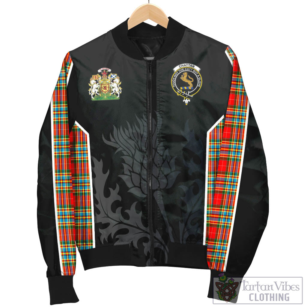 Tartan Vibes Clothing Chattan Tartan Bomber Jacket with Family Crest and Scottish Thistle Vibes Sport Style