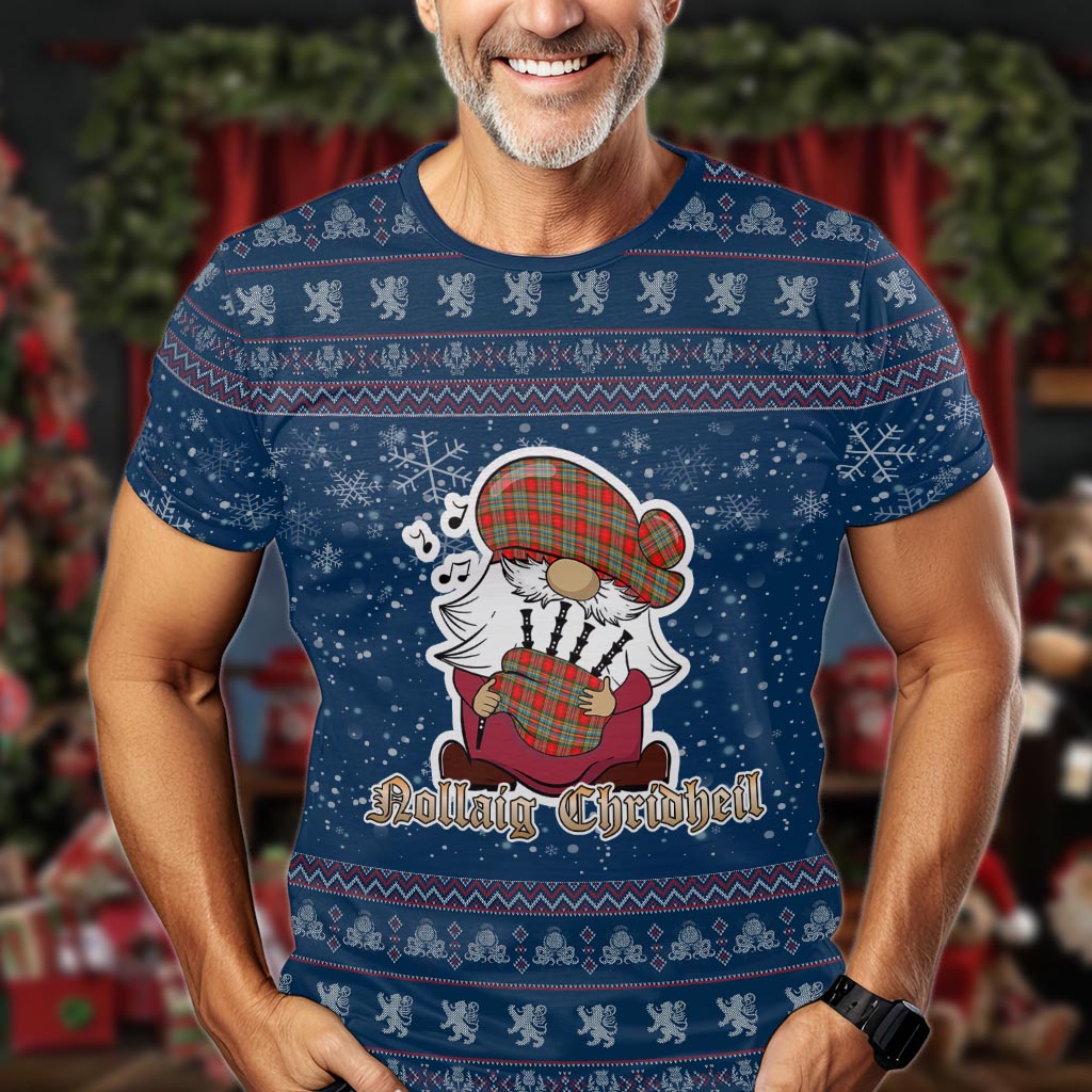 Chattan Clan Christmas Family T-Shirt with Funny Gnome Playing Bagpipes Men's Shirt Blue - Tartanvibesclothing