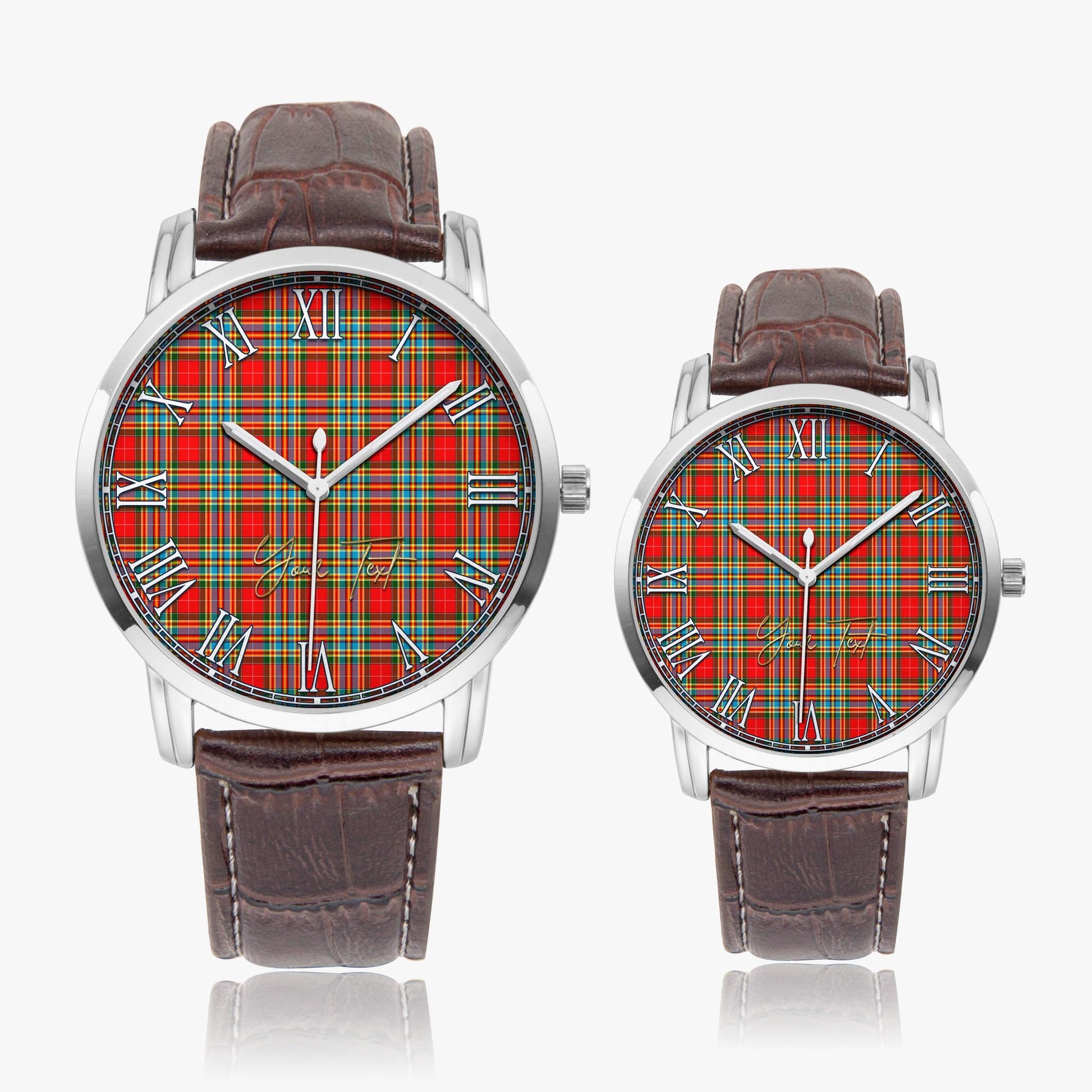 Chattan Tartan Personalized Your Text Leather Trap Quartz Watch Wide Type Silver Case With Brown Leather Strap - Tartanvibesclothing