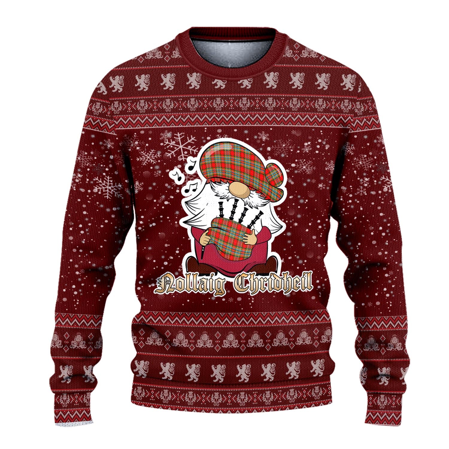 Chattan Clan Christmas Family Knitted Sweater with Funny Gnome Playing Bagpipes - Tartanvibesclothing