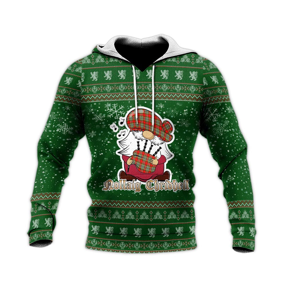 Chattan Clan Christmas Knitted Hoodie with Funny Gnome Playing Bagpipes - Tartanvibesclothing