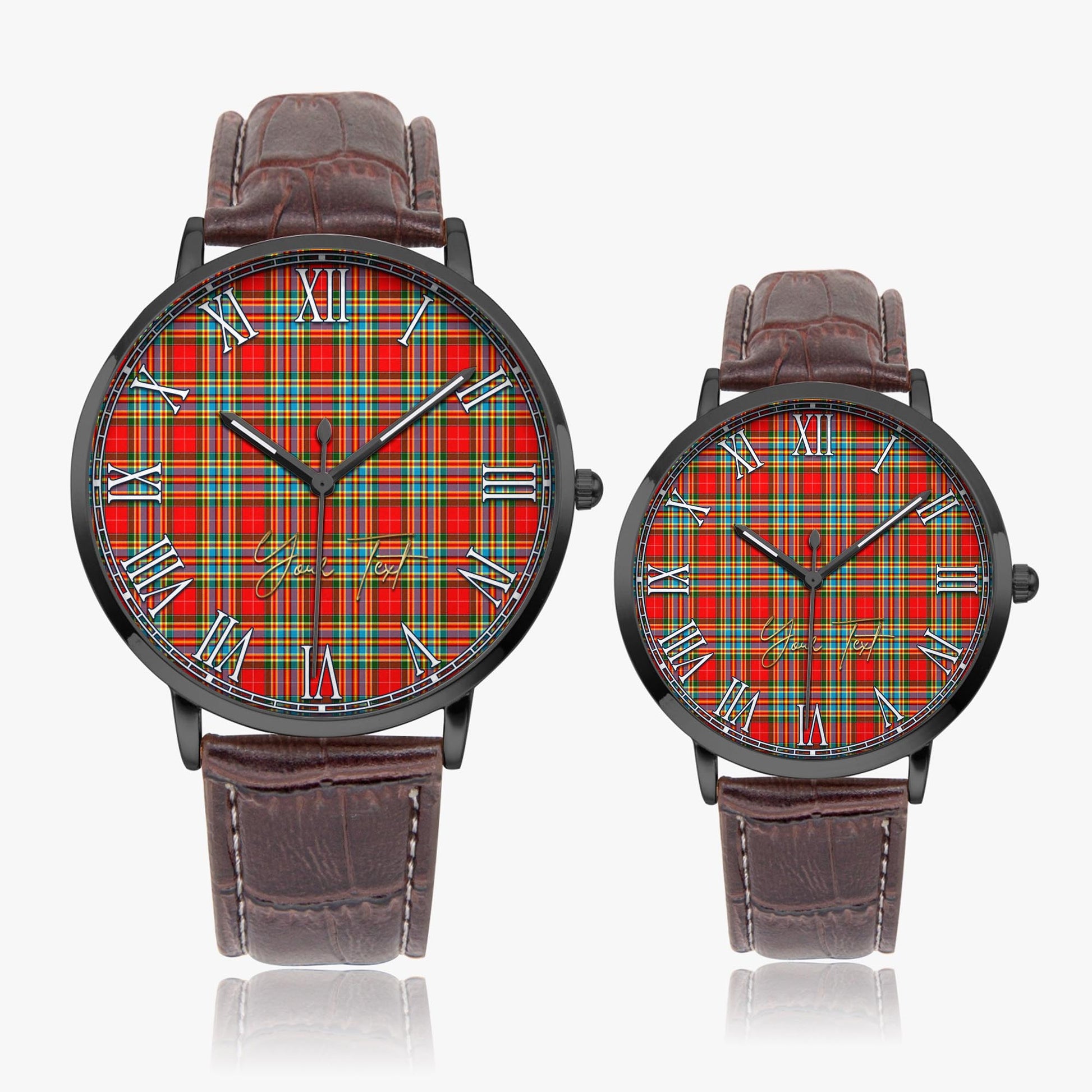 Chattan Tartan Personalized Your Text Leather Trap Quartz Watch Ultra Thin Black Case With Brown Leather Strap - Tartanvibesclothing