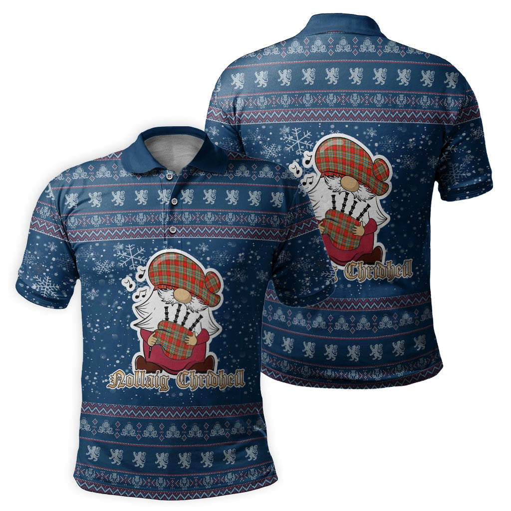 Chattan Clan Christmas Family Polo Shirt with Funny Gnome Playing Bagpipes Men's Polo Shirt Blue - Tartanvibesclothing