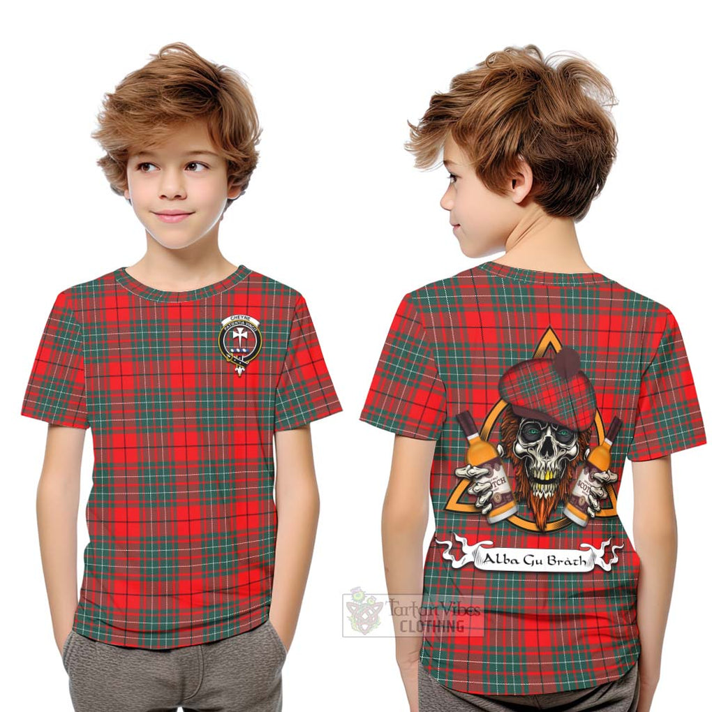 Tartan Vibes Clothing Cheyne Tartan Kid T-Shirt with Family Crest and Bearded Skull Holding Bottles of Whiskey