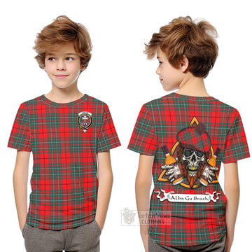 Cheyne Tartan Kid T-Shirt with Family Crest and Bearded Skull Holding Bottles of Whiskey