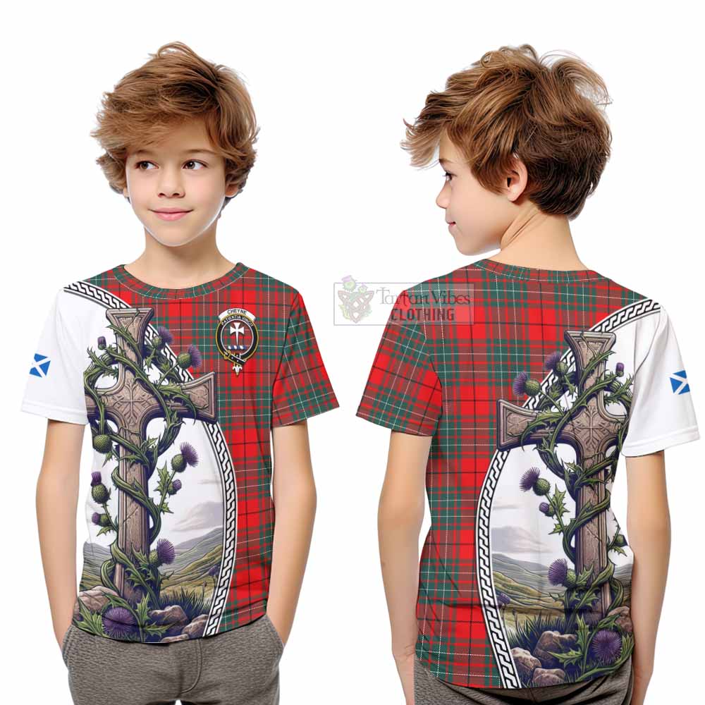 Tartan Vibes Clothing Cheyne Tartan Kid T-Shirt with Family Crest and St. Andrew's Cross Accented by Thistle Vines