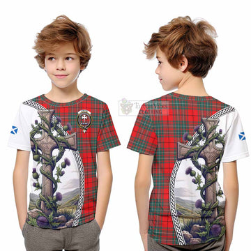 Cheyne Tartan Kid T-Shirt with Family Crest and St. Andrew's Cross Accented by Thistle Vines