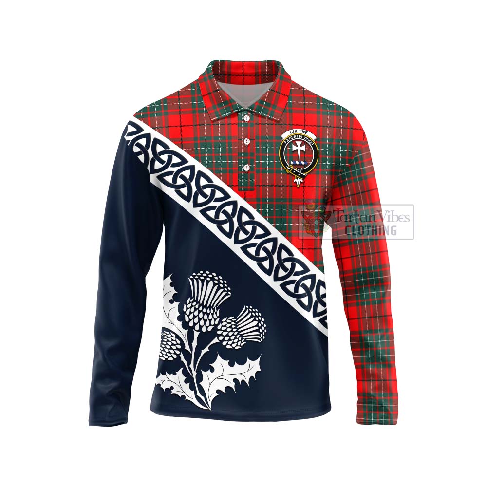 Tartan Vibes Clothing Cheyne Tartan Long Sleeve Polo Shirt Featuring Thistle and Scotland Map