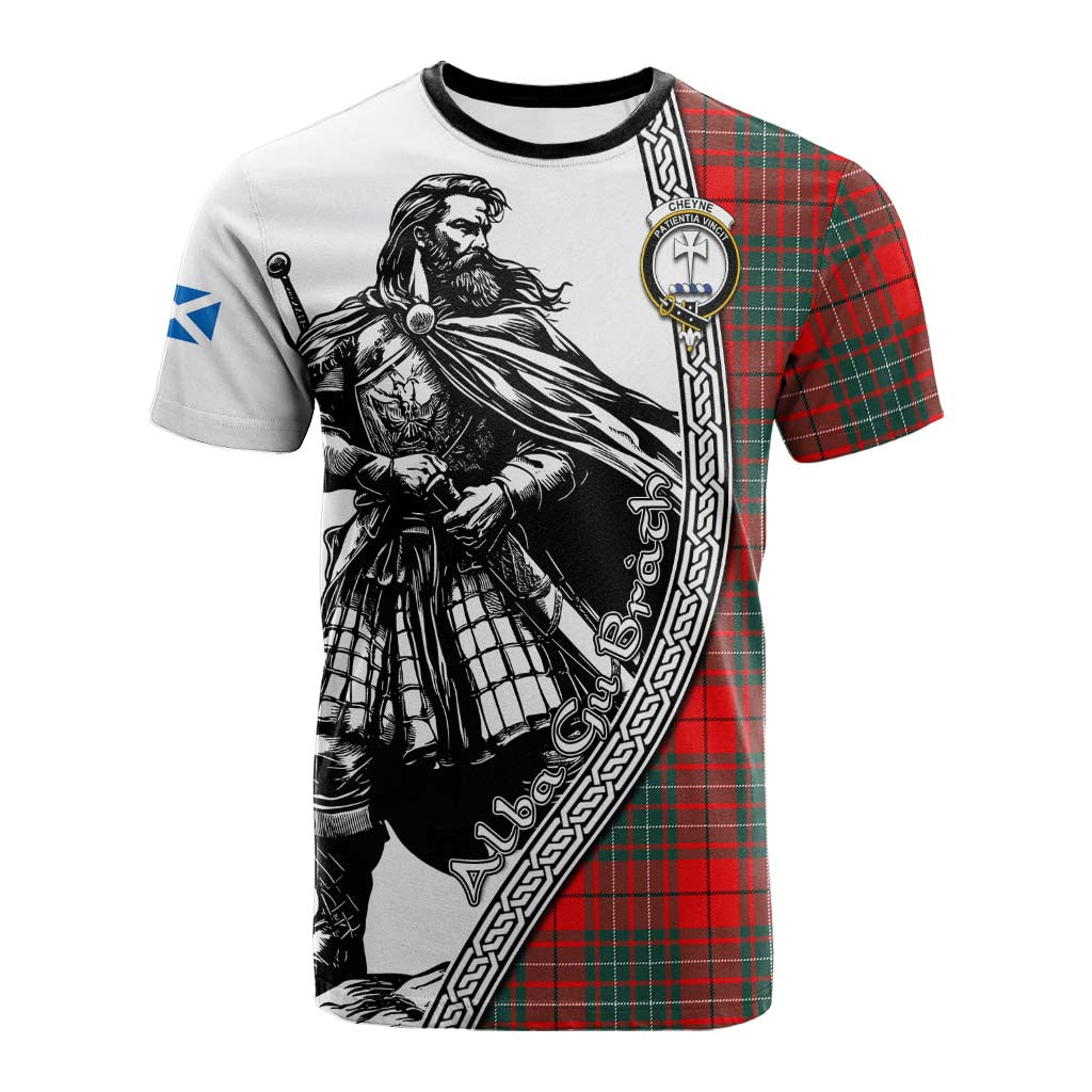 Cheyne Tartan Clan Crest Cotton T-shirt with Highlander Warrior Celtic Style