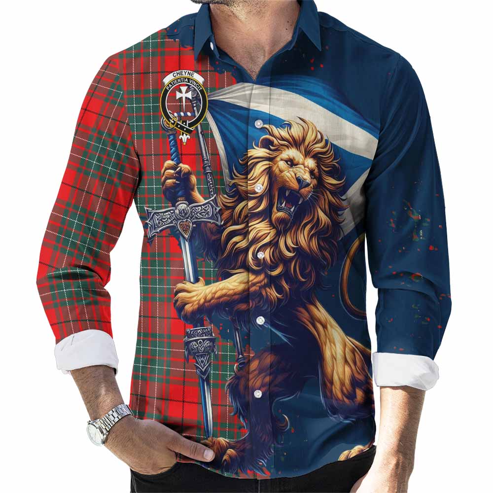 Tartan Vibes Clothing Cheyne Tartan Family Crest Long Sleeve Button Shirt with Scottish Majestic Lion