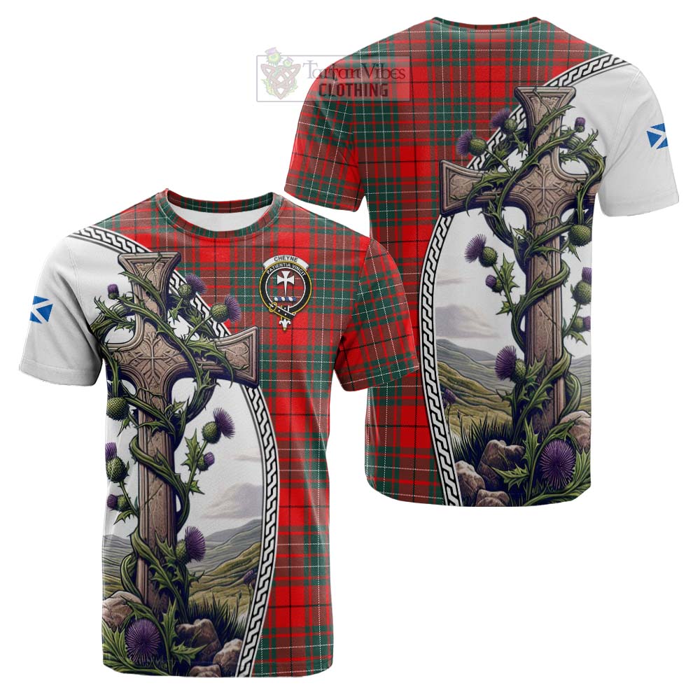 Tartan Vibes Clothing Cheyne Tartan Cotton T-shirt with Family Crest and St. Andrew's Cross Accented by Thistle Vines