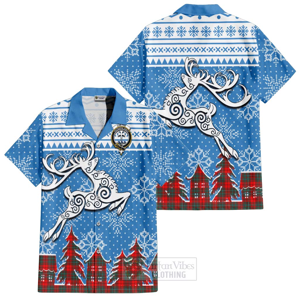 Tartan Vibes Clothing Cheyne Clan Christmas Short Sleeve Button Shirt Celtic Reindeer Style