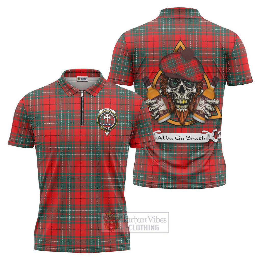 Tartan Vibes Clothing Cheyne Tartan Zipper Polo Shirt with Family Crest and Bearded Skull Holding Bottles of Whiskey