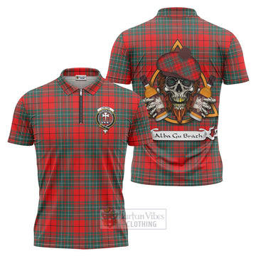 Cheyne Tartan Zipper Polo Shirt with Family Crest and Bearded Skull Holding Bottles of Whiskey