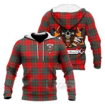 Cheyne Tartan Knitted Hoodie with Family Crest and Bearded Skull Holding Bottles of Whiskey