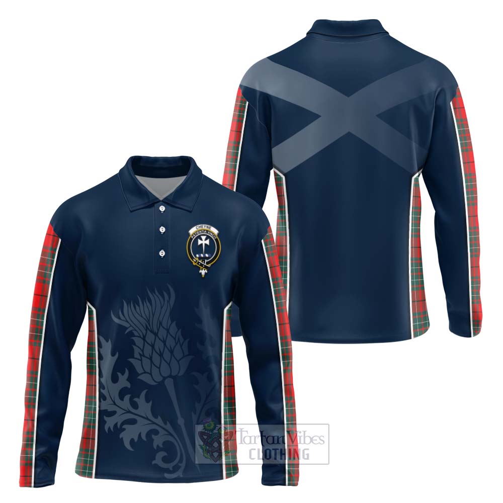 Tartan Vibes Clothing Cheyne Tartan Long Sleeve Polo Shirt with Family Crest and Scottish Thistle Vibes Sport Style