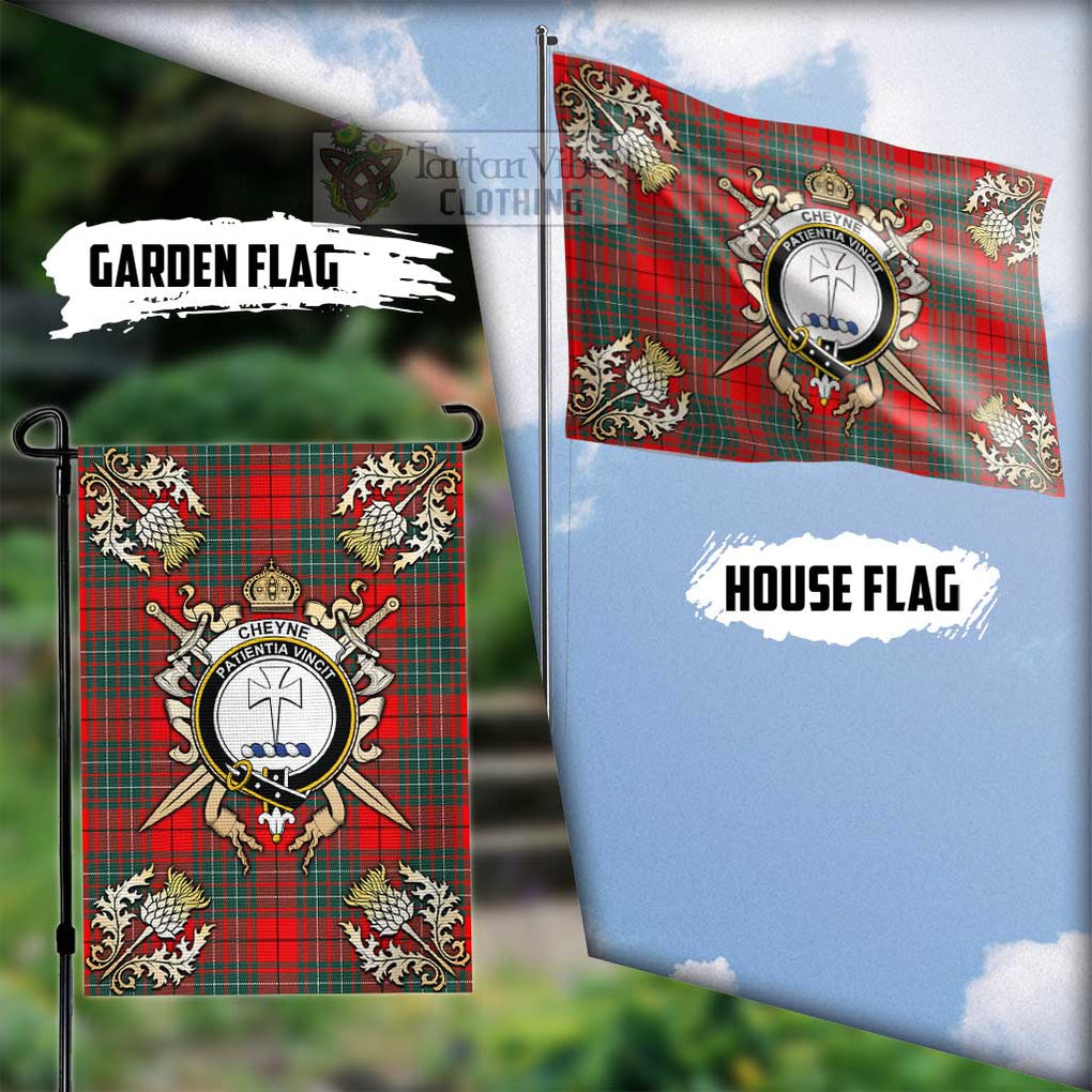 Tartan Vibes Clothing Cheyne Tartan Flag with Family Crest and Golden Thistle Crossed Sword Design