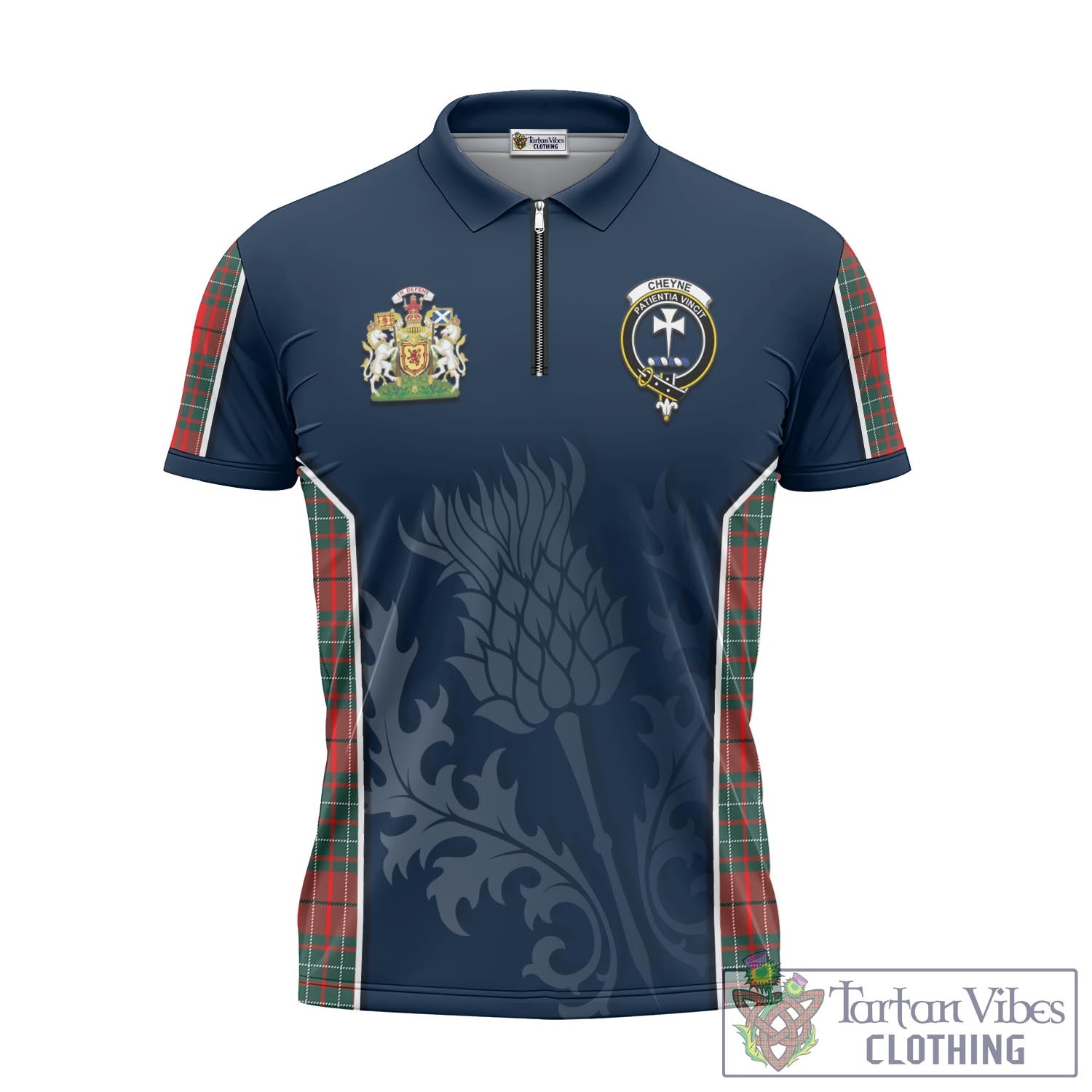 Tartan Vibes Clothing Cheyne Tartan Zipper Polo Shirt with Family Crest and Scottish Thistle Vibes Sport Style