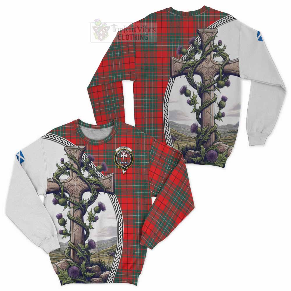 Tartan Vibes Clothing Cheyne Tartan Sweatshirt with Family Crest and St. Andrew's Cross Accented by Thistle Vines