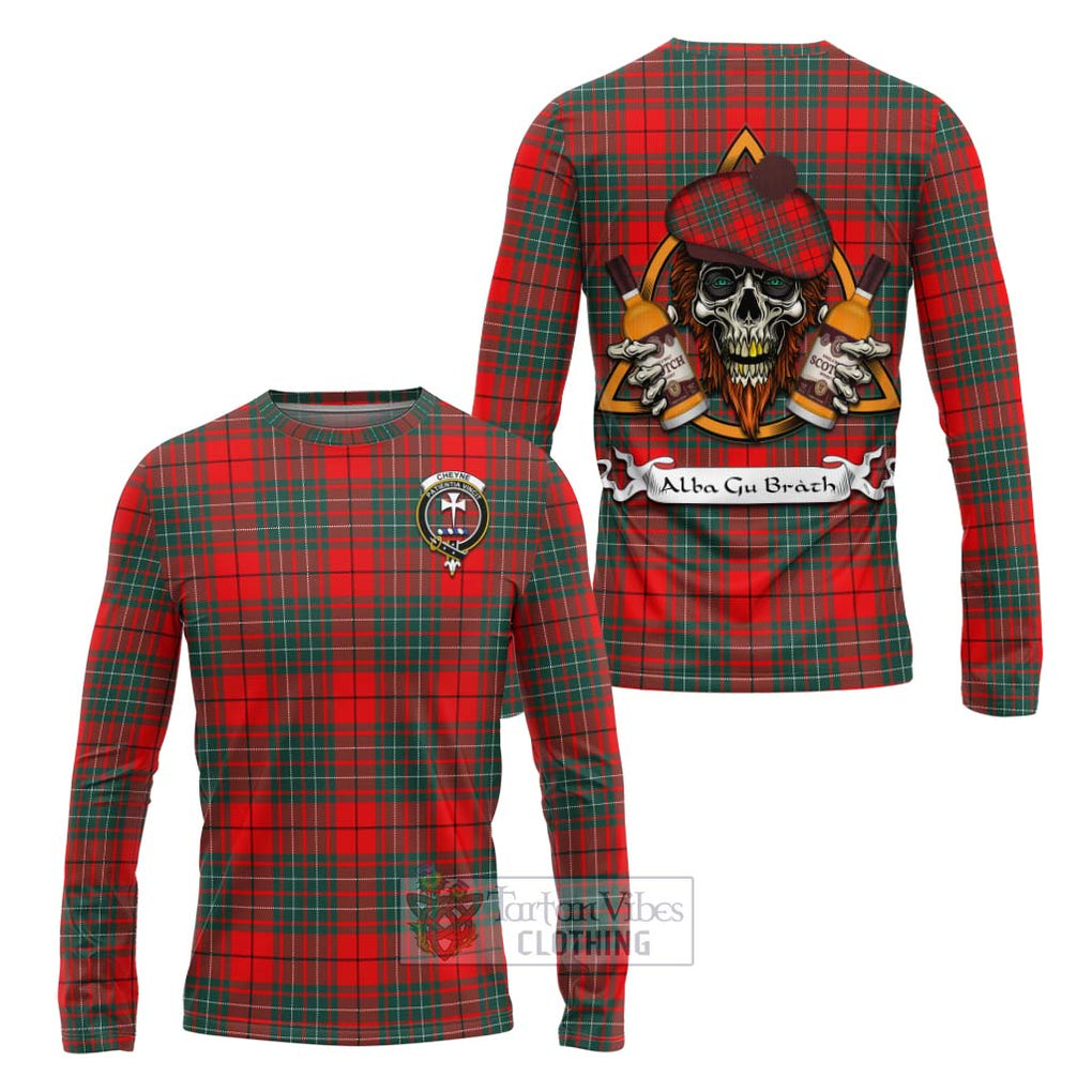 Tartan Vibes Clothing Cheyne Tartan Long Sleeve T-Shirt with Family Crest and Bearded Skull Holding Bottles of Whiskey