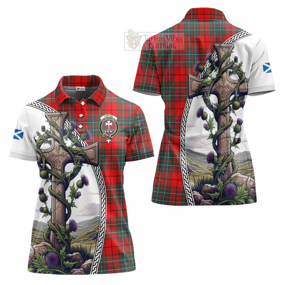 Tartan Vibes Clothing Cheyne Tartan Women's Polo Shirt with Family Crest and St. Andrew's Cross Accented by Thistle Vines