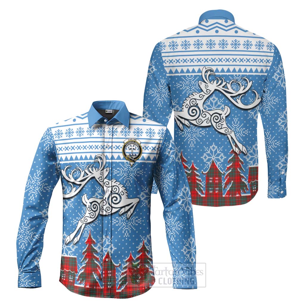 Tartan Vibes Clothing Cheyne Clan Christmas Long Sleeve Button Shirt Celtic Reindeer Style