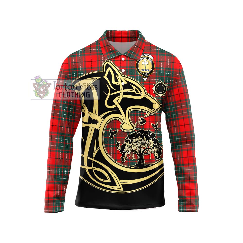 Cheyne Tartan Long Sleeve Polo Shirt with Family Crest Celtic Wolf Style Unisex - Tartanvibesclothing Shop