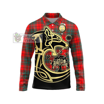 Cheyne Tartan Long Sleeve Polo Shirt with Family Crest Celtic Wolf Style