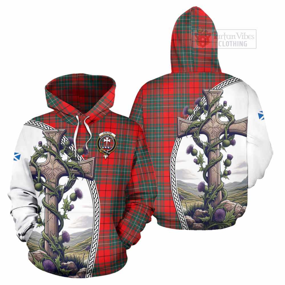 Tartan Vibes Clothing Cheyne Tartan Hoodie with Family Crest and St. Andrew's Cross Accented by Thistle Vines