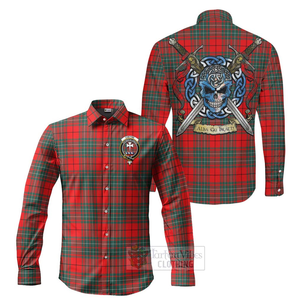 Tartan Vibes Clothing Cheyne Tartan Long Sleeve Button Shirt with Family Crest Celtic Skull Style